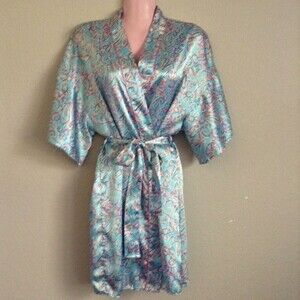 Val Mode Women's Robe S M  Blue Satin Abstract Wrap Style Dressing Gown